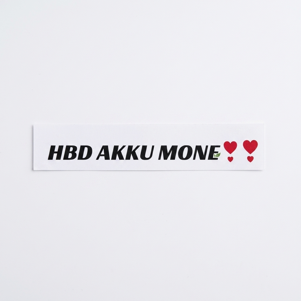 A rectangular white sticker card with black text wishing a happy birthday with red hearts.