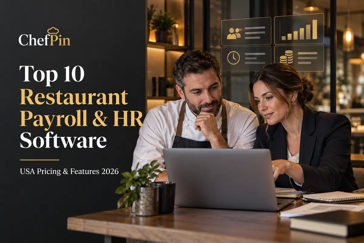 Restaurant owner and payroll manager comparing payroll and HR software pricing in the USA