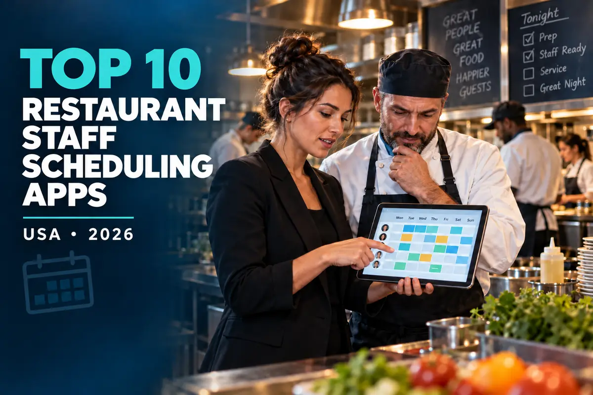 Top 10 restaurant staff scheduling apps in the USA for 2026, shown with a restaurant manager and chef reviewing a shift schedule