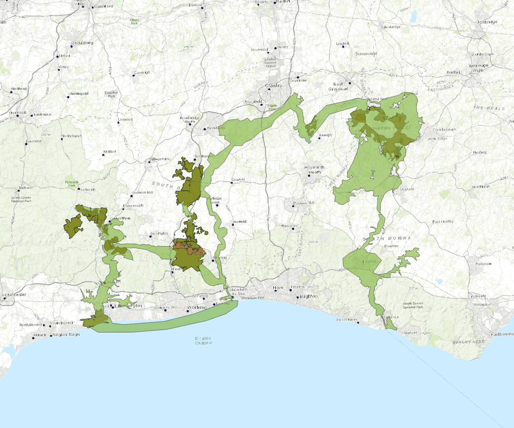 Fig 2: Map showing the Biodiversity Opportunity Areas identified by the Sussex Local Nature Partnership as important areas for improving landscape connectivity plotted with the seven founding members' landholdings