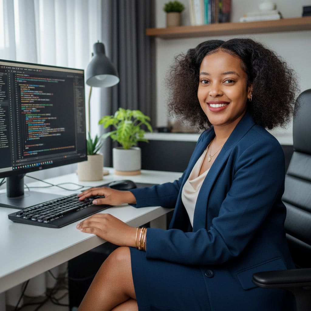Nanda working as an AI engineer at her screen — read the career feature