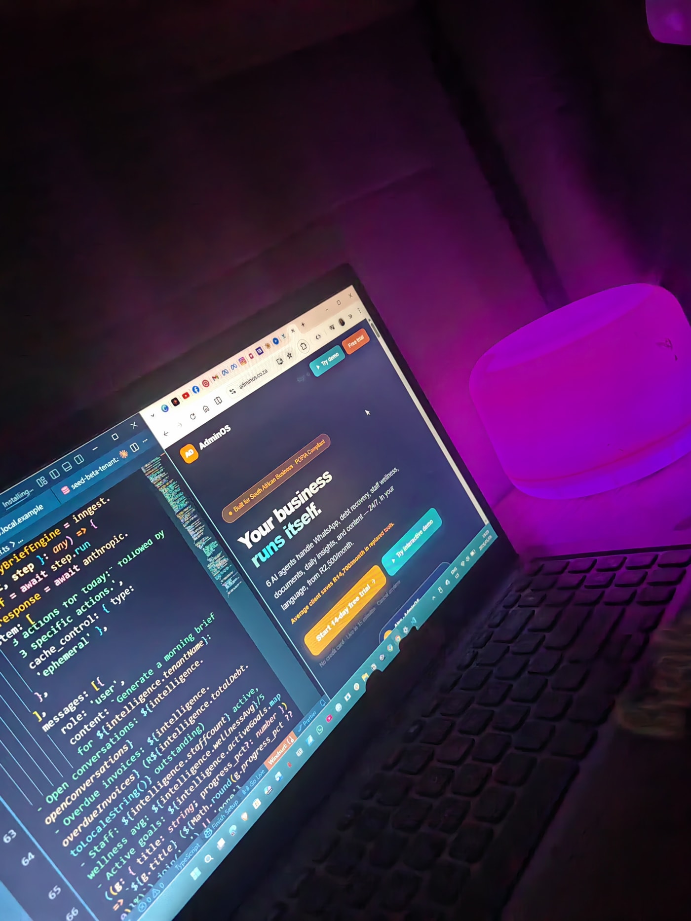 Code on screen, lit magenta