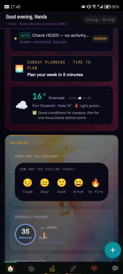 Weather-aware planning, and the daily wellbeing check-in.