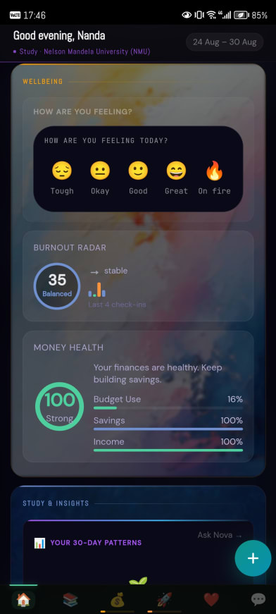 The burnout radar and money health, side by side.