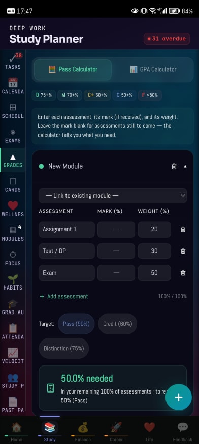 The pass calculator. What you need on the work that is left.