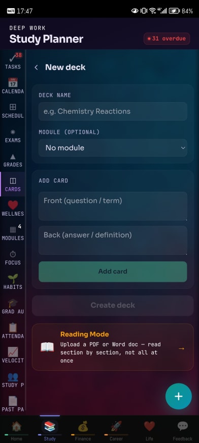 A flashcard deck, built by hand or from a document.