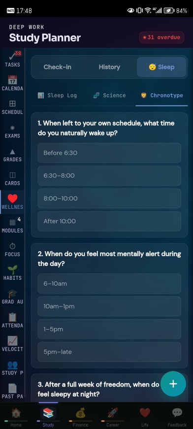 A chronotype quiz, to plan study around the body.