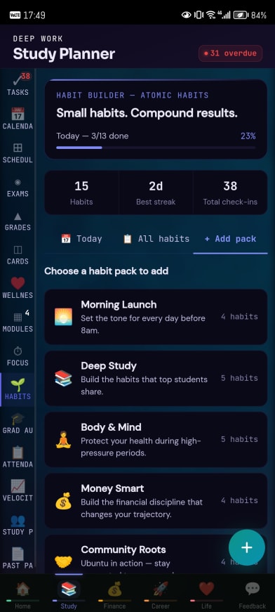 Habit packs, from Morning Launch to Money Smart.