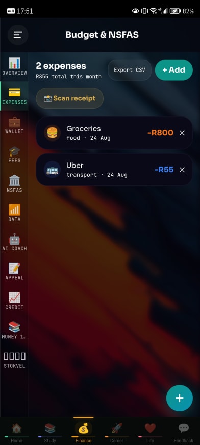 Expenses, with a receipt scanner.