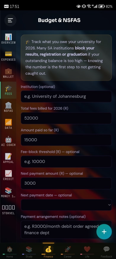 The fees tracker. What is owed to the university, and when.