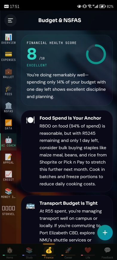 A financial health score, with Nova’s advice on food and transport.