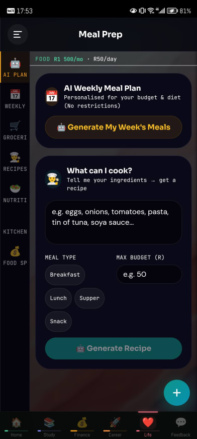 Meal Prep. An AI meal plan, and “what can I cook?”.
