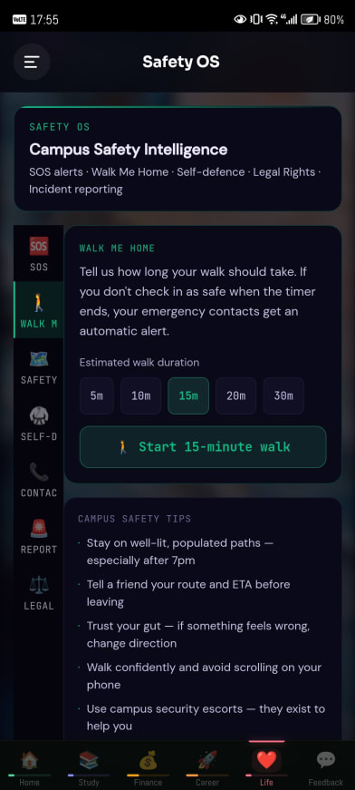 Walk Me Home. A timer that alerts your contacts if you don’t arrive.