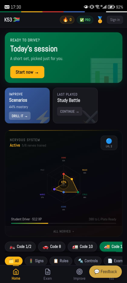 Today’s session, and a nervous-system radar of the areas that need work.
