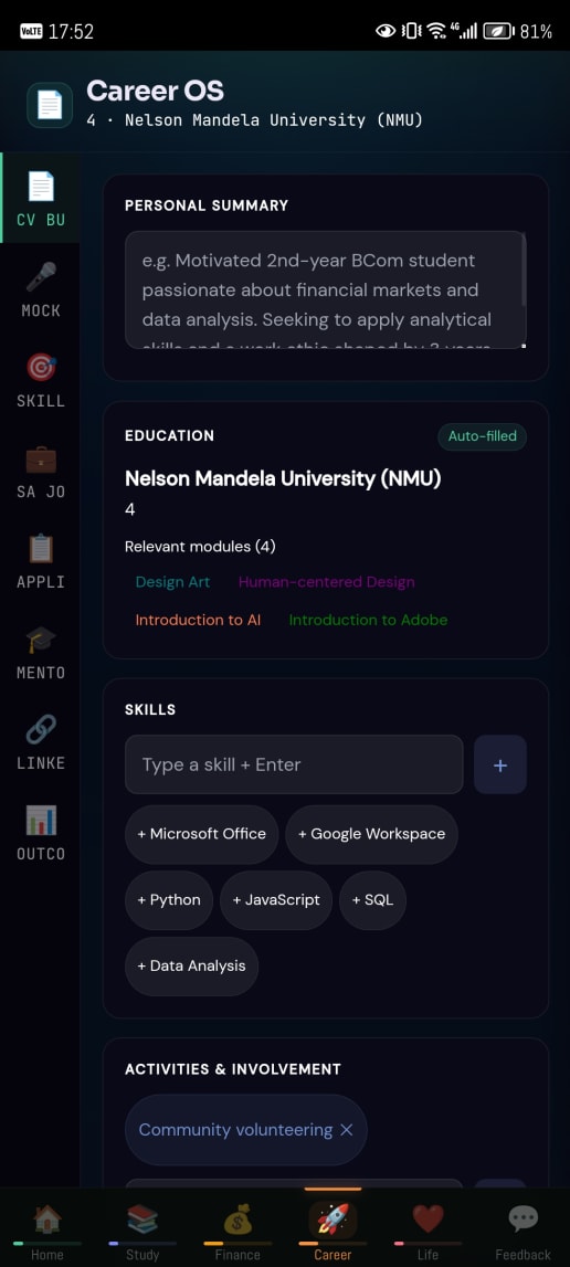 Career OS. A CV that fills itself from your modules.