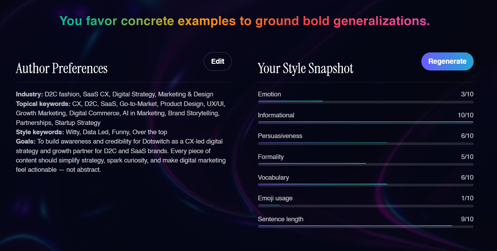 Screenshot of Vero understanding writing style