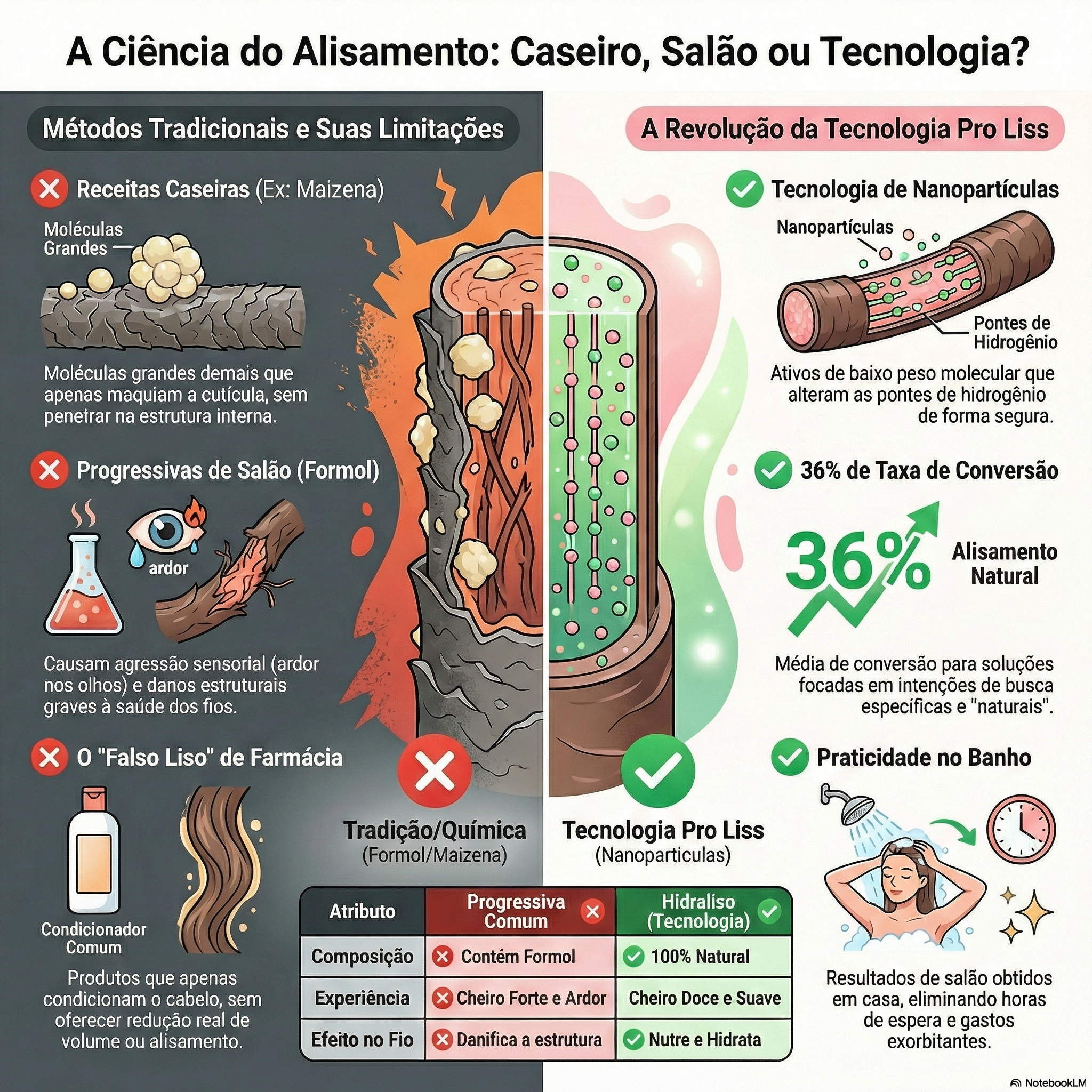 Infográfico: A Ciência do Alisamento Capilar - Comparação visual entre Maizena (molécula grande, não penetra), Formol (encapa e danifica) e Nanopartículas (penetração real e realinhamento estrutural)