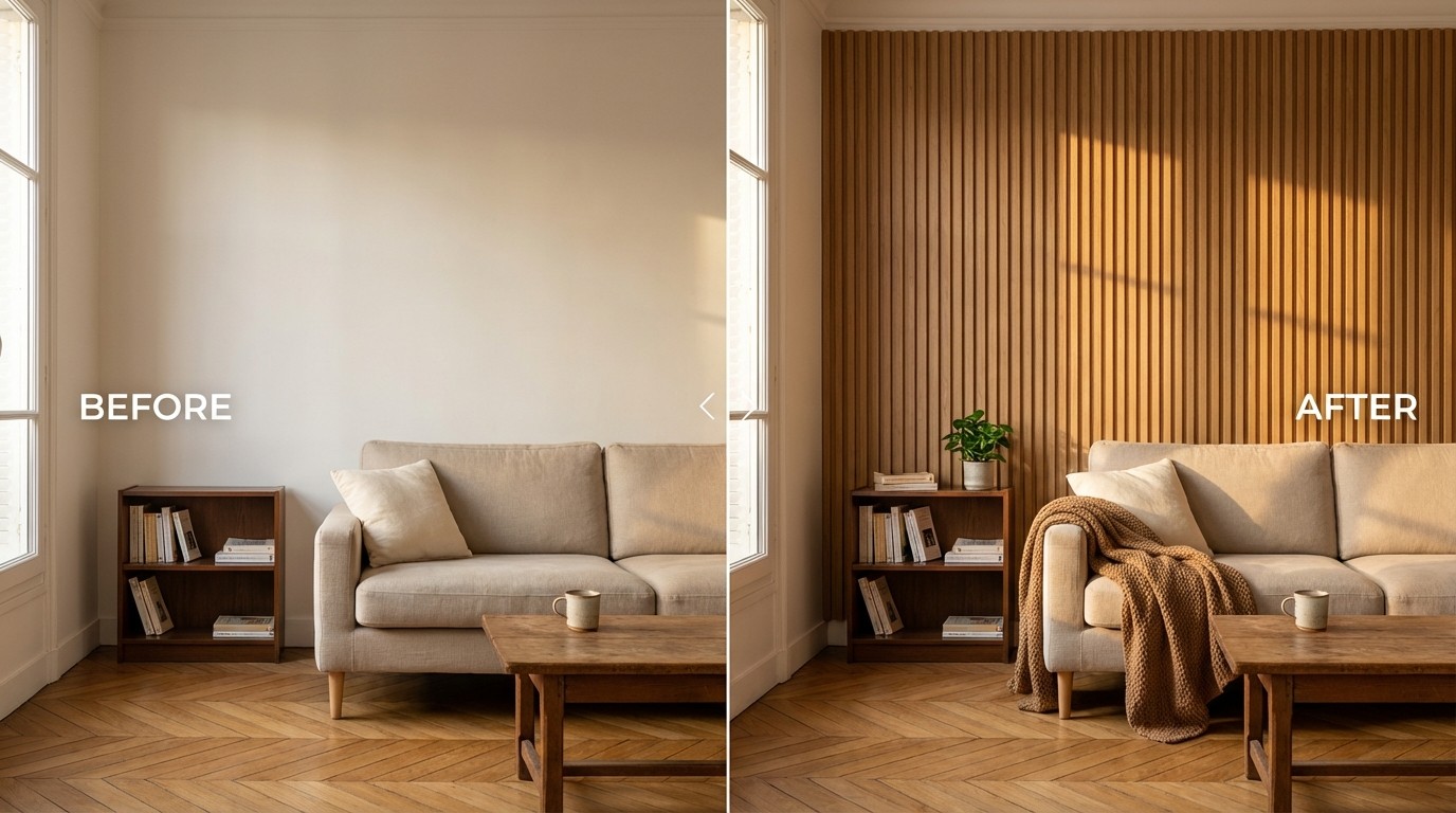 Vorher &mdash; wei&szlig;e Wand in einem Standard-Wohnzimmer