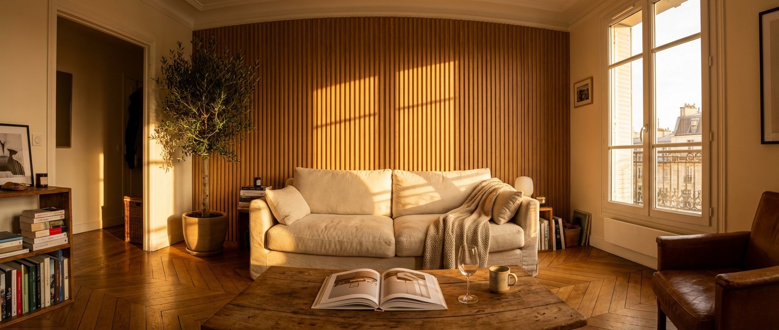 Verwandeltes Wohnzimmer mit Oakwoods Akustik-Wandpaneelen &mdash; Endergebnis Lamellenwand Holzoptik 3D-Relief