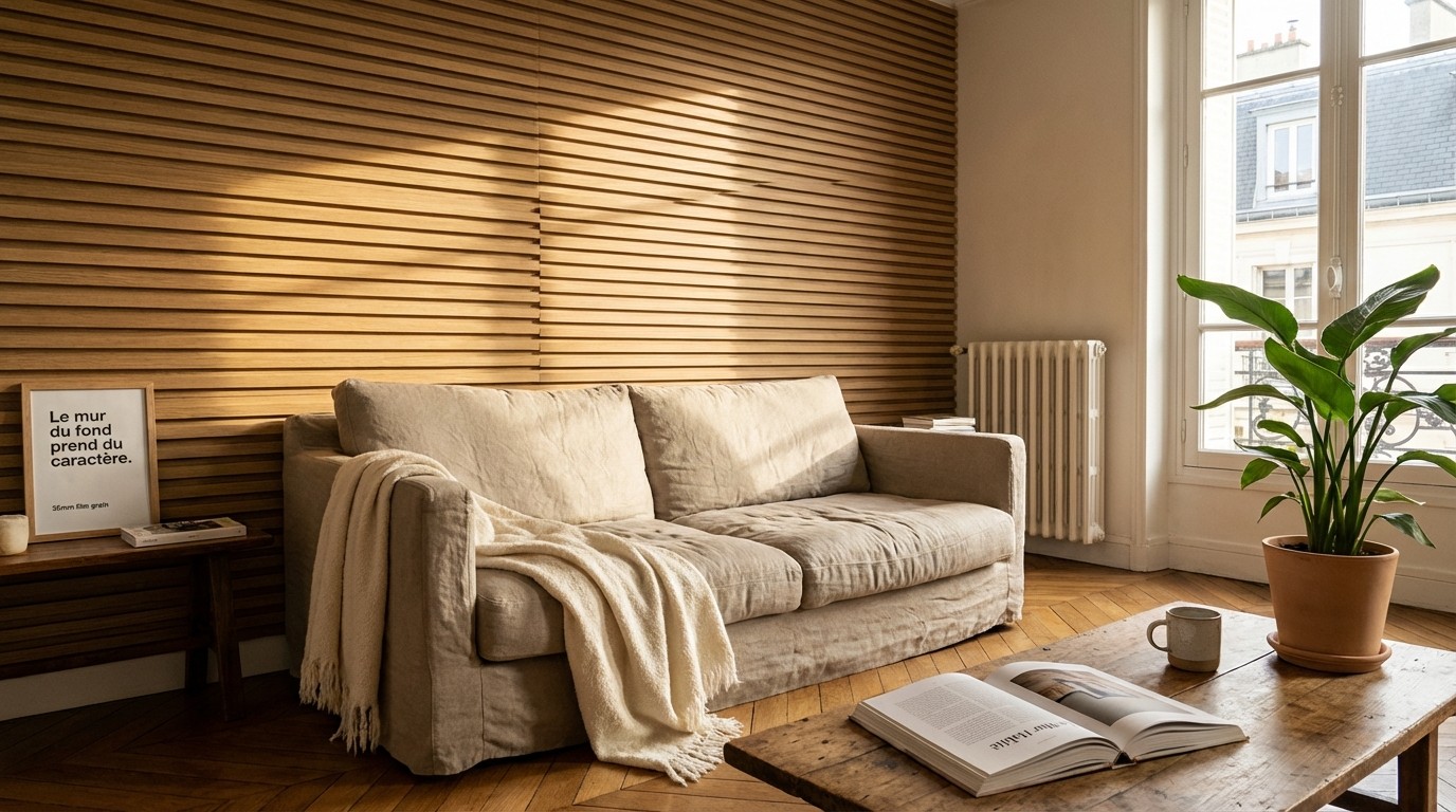 Oakwoods Akustik-Wandpaneel Finish Eiche montiert im Wohnzimmer &mdash; dekorative Lamellenwand mit 3D-Relief