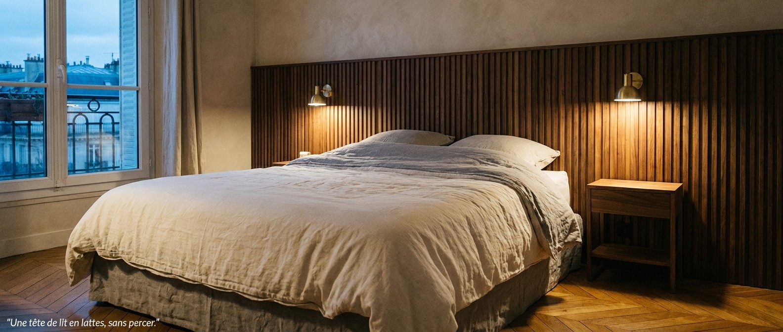 Oakwoods Akustik-Wandpaneel Finish Nussbaum montiert im Schlafzimmer &mdash; Kopfteil aus Lamellen mit 3D-Relief