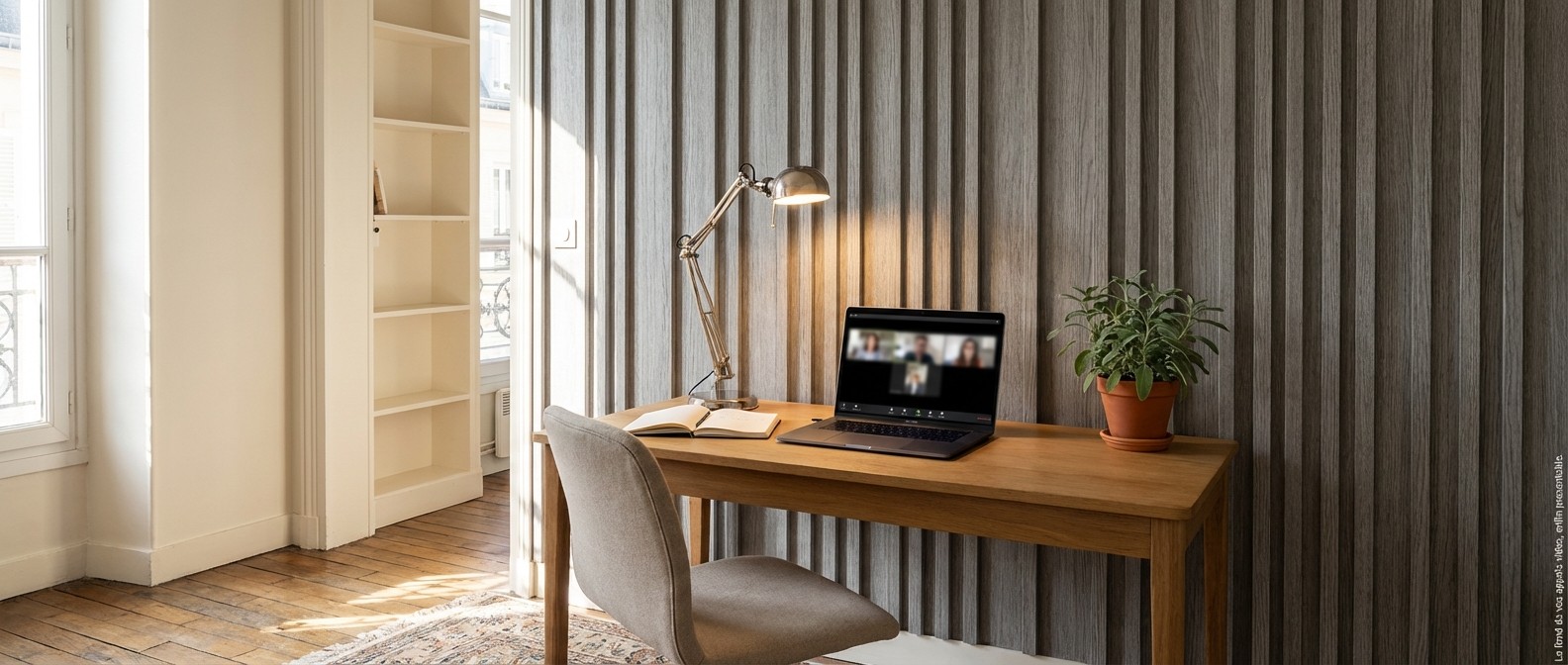 Oakwoods Akustik-Wandpaneel Finish Grau montiert im Homeoffice &mdash; professioneller Videocall-Hintergrund mit Akustik