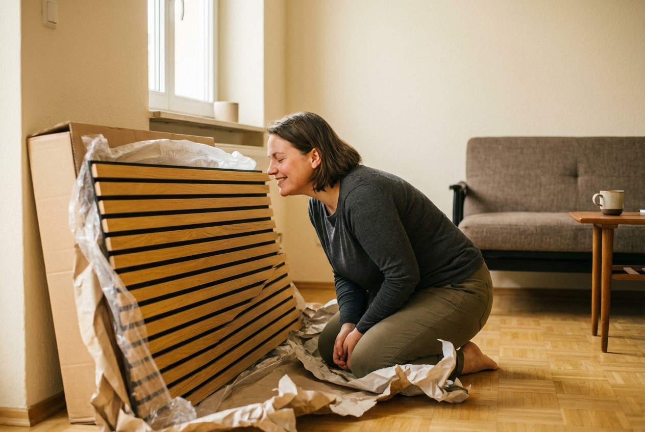 Paneel frisch ausgepackt in einem Wohnzimmer — kein chemischer Geruch, sofort einziehbar
