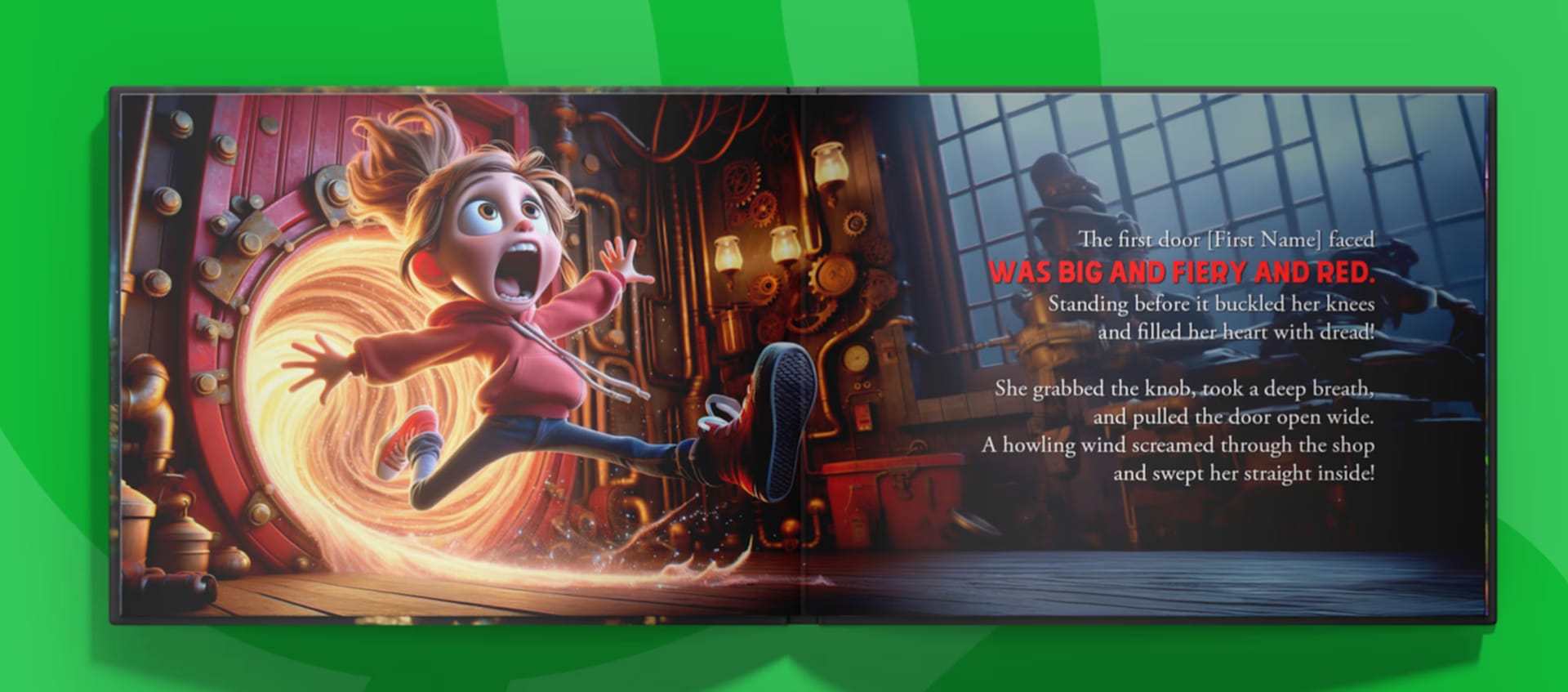 An illustrated page from The Emotion Emporium with the personalized child exploring an emotion-filled world alongside the story's animal guides