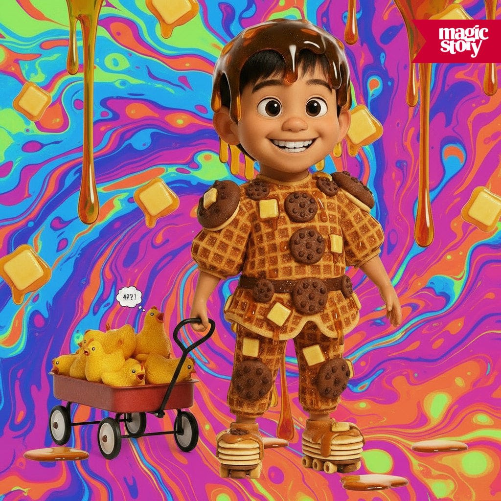 Child transformed by Magic Story's Roll The Dice feature into a wonderfully wacky costume creation