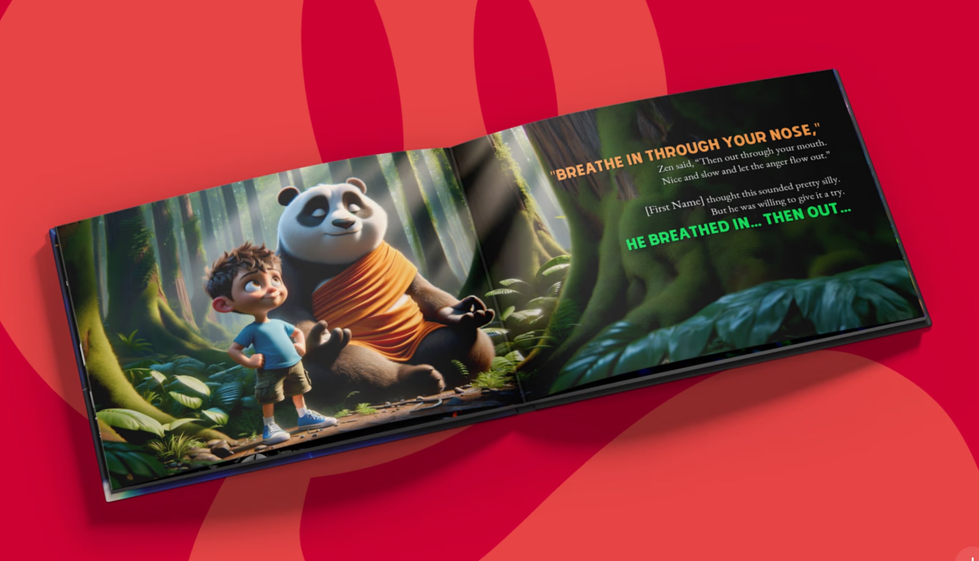 Magic Story illustration of a child character exploring a storybook world with a friendly panda companion