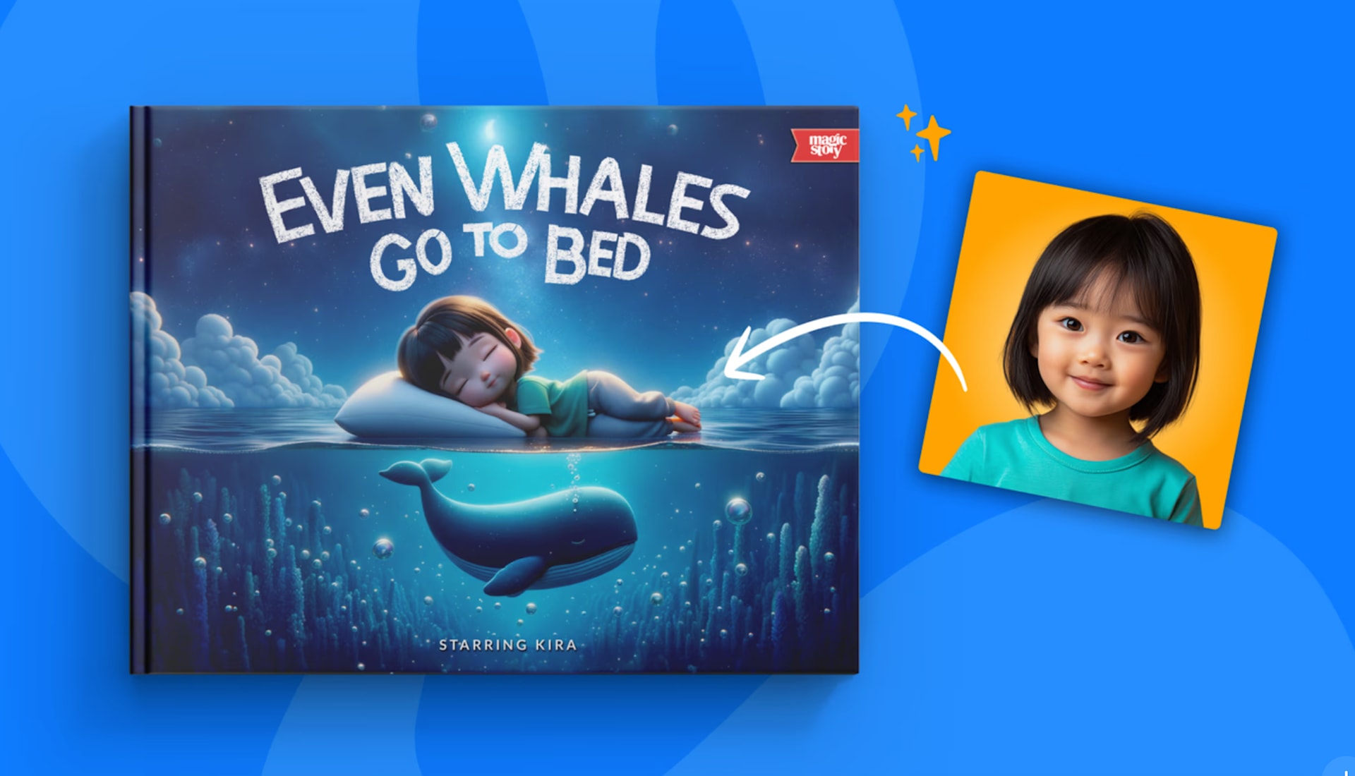 Magic Story illustration of a child hero on an ocean adventure alongside gentle whales