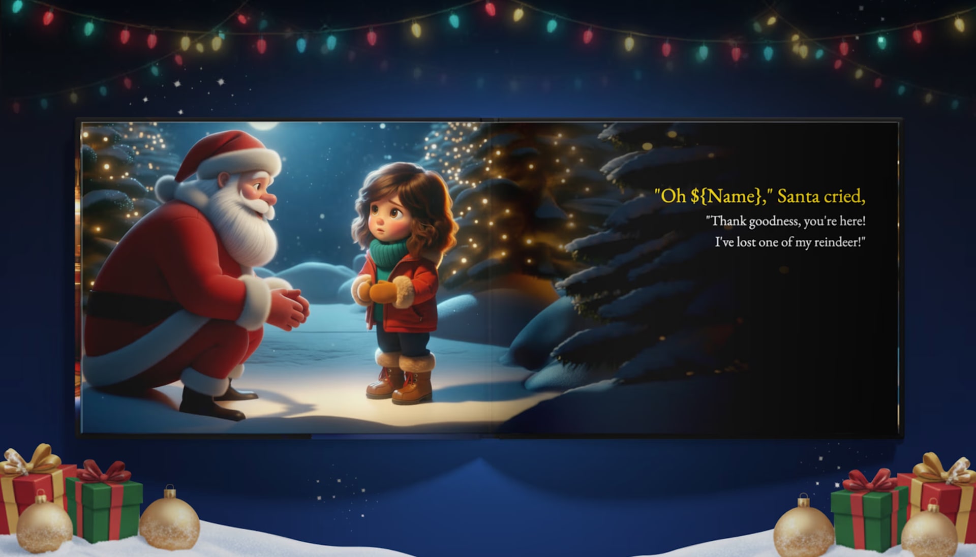 A spread from The Night I Saved Christmas showing the child arriving as Santa's sleigh crashes in a snowy forest
