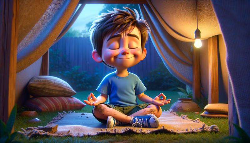 The child learning the calming "panda breaths" technique from Zen, the wise and gentle panda, in Zen & The Storm Inside