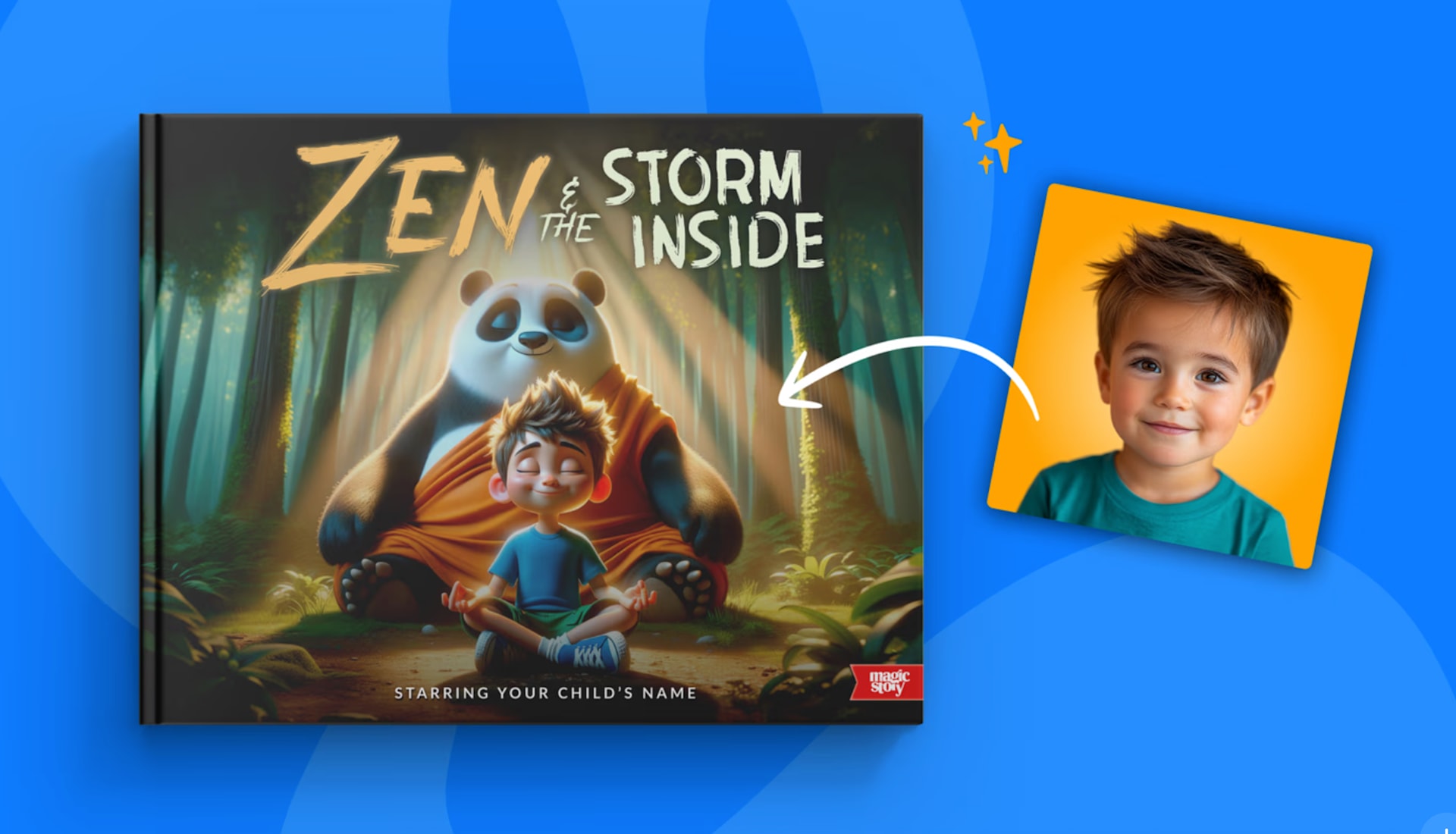 Colorful Magic Story illustration of a personalized storybook character in a whimsical adventure scene