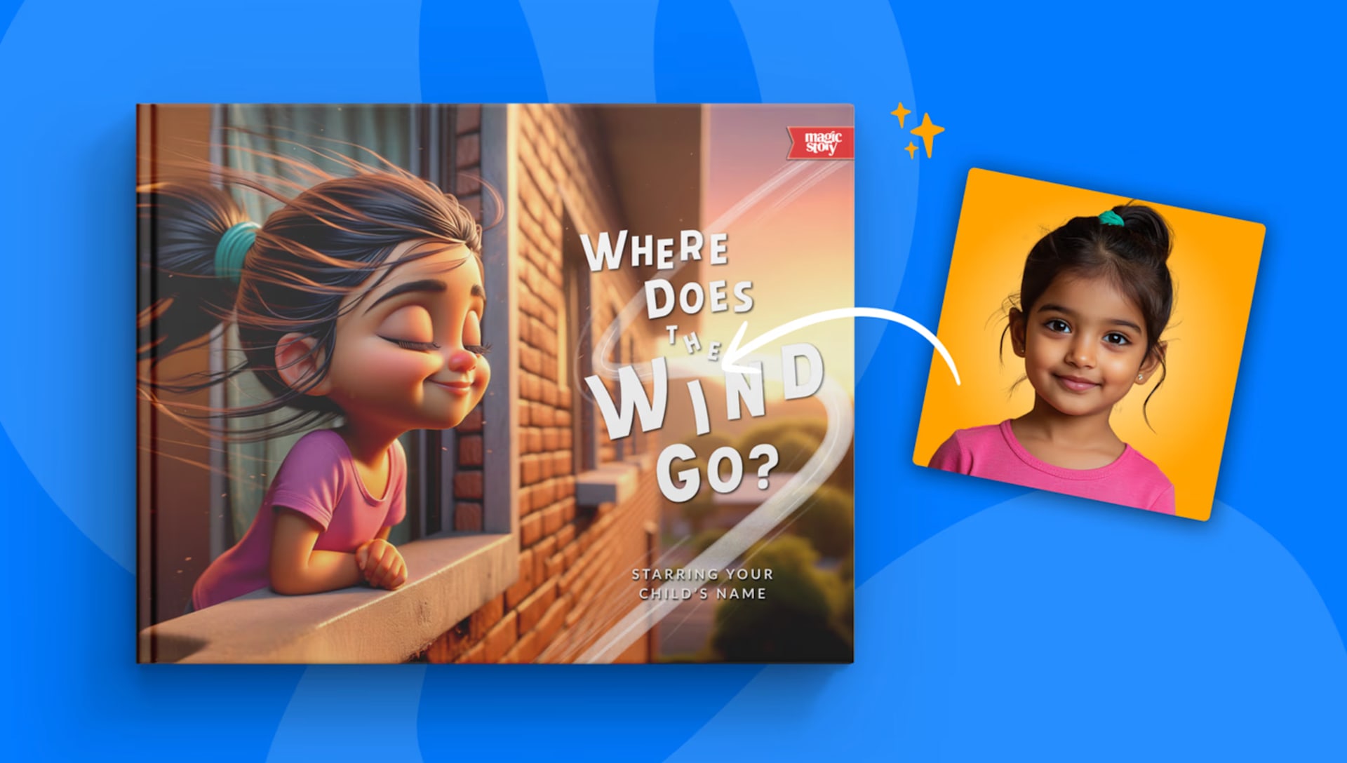 Personalized illustration from Where Does the Wind Go — a child feeling the wind through a meadow