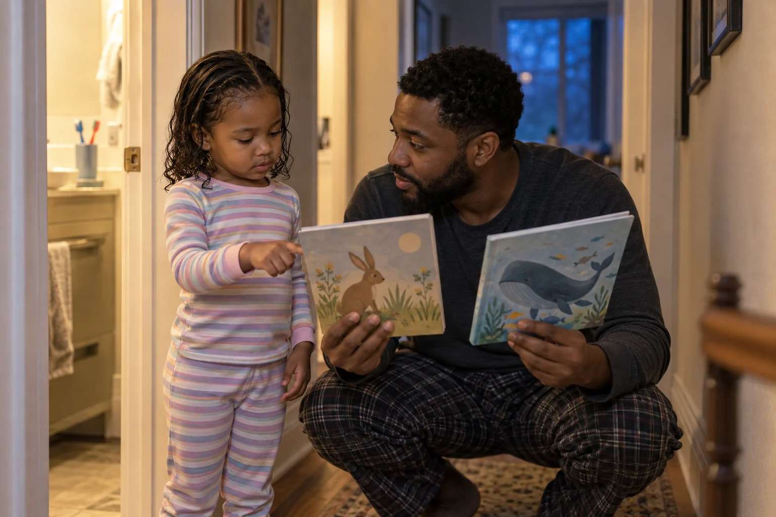 A father holds two picture books while his daughter in pajamas points toward one in a hallway.