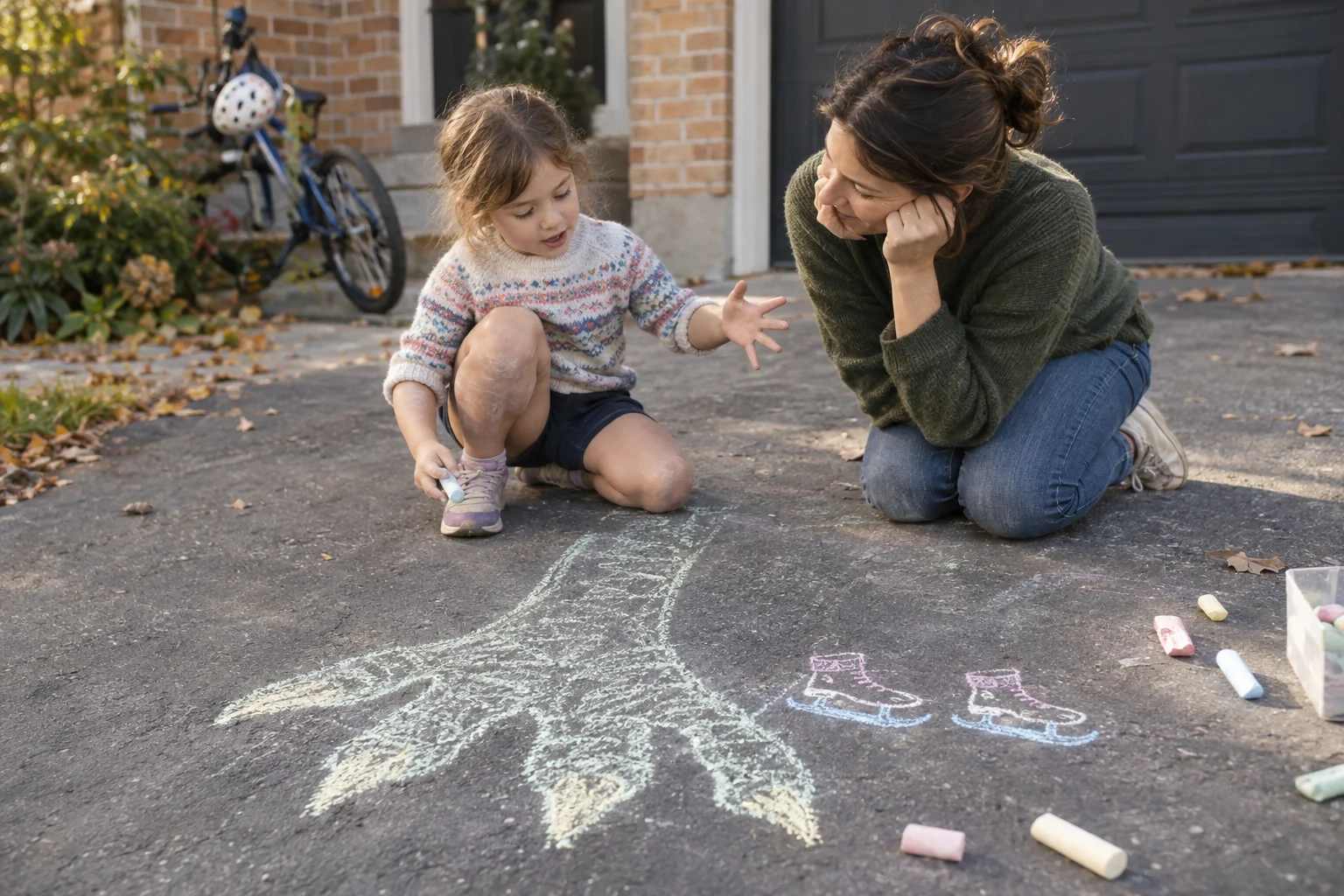 A child talks to her mother beside a chalk drawing of a large dinosaur foot and two small ice skates.