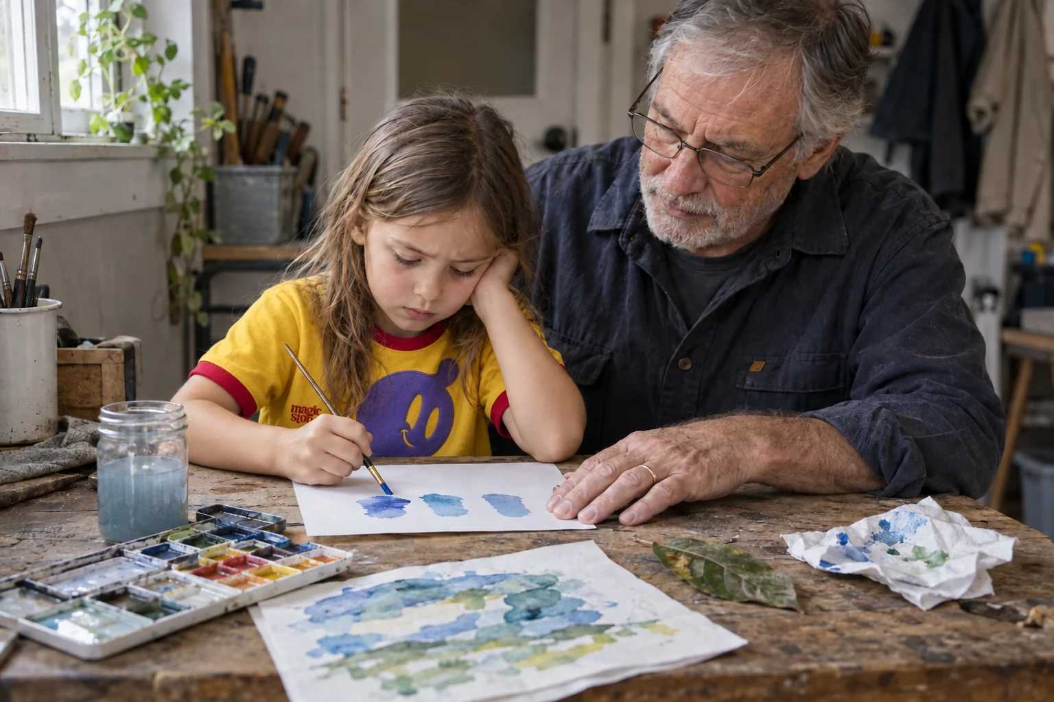 A girl in a yellow shirt paints blue watercolor swatches while her grandfather watches beside her.