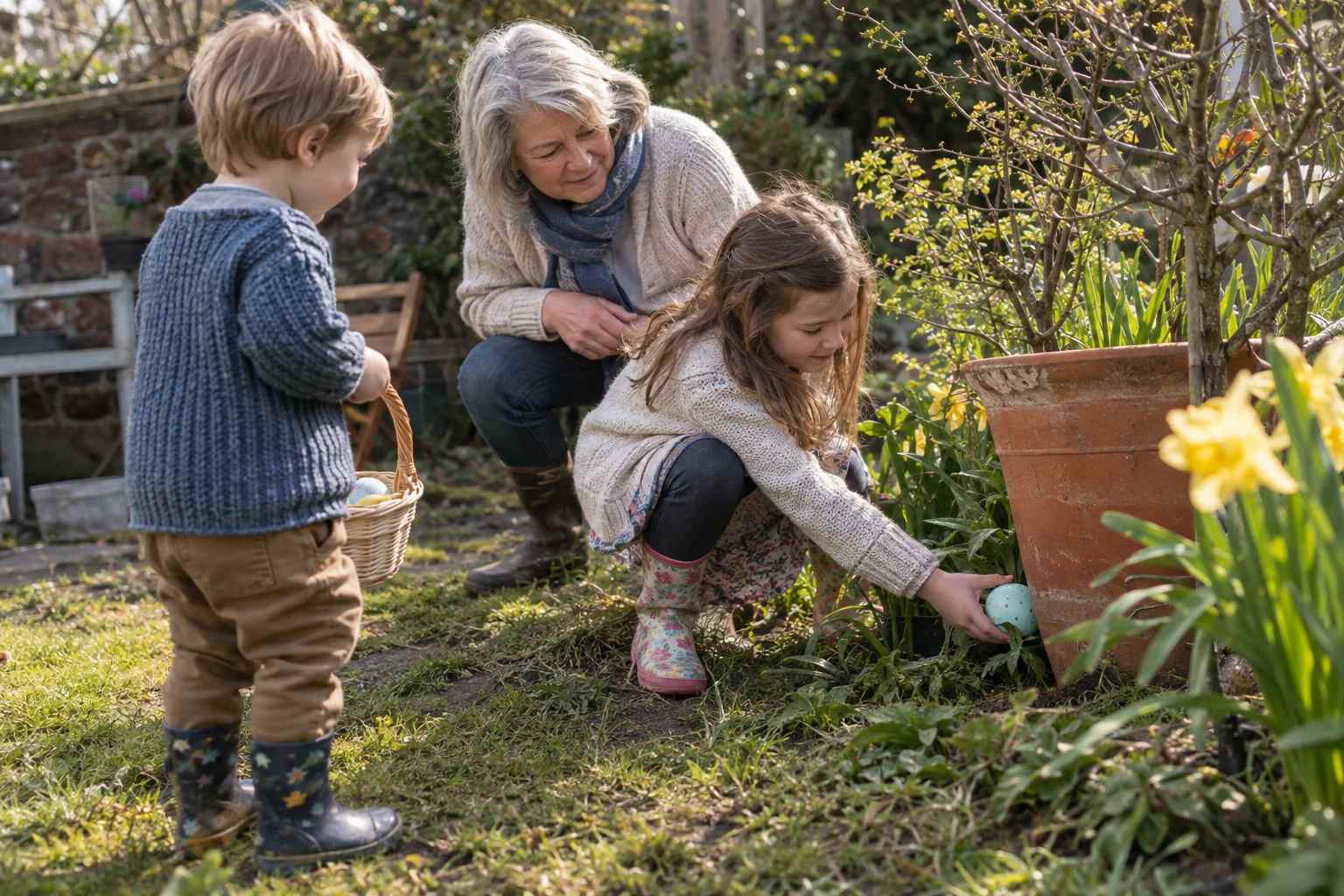 An older child places a pastel egg beside a plant pot while a younger child and their grandmother watch.