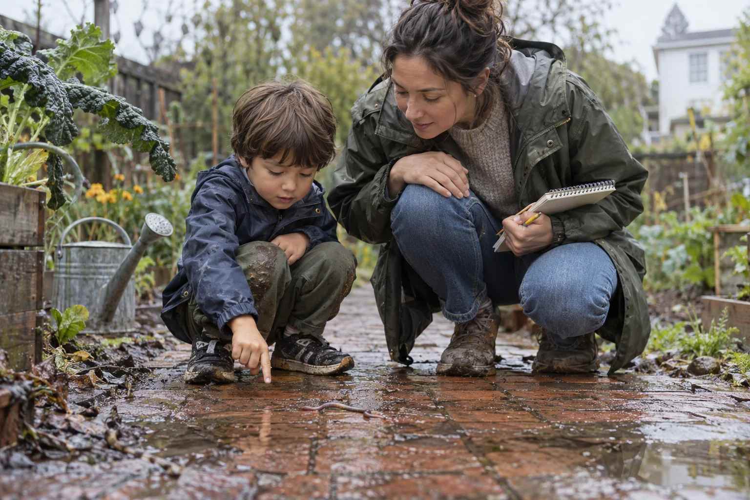 A boy points at a worm on a wet garden path while his mother crouches beside him with a notebook.