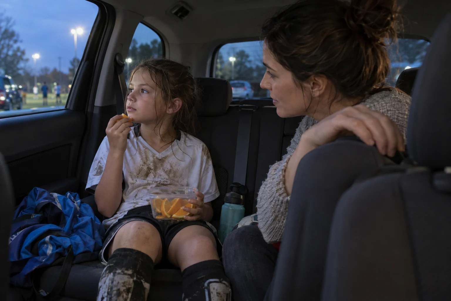 A girl in a muddy soccer uniform eats an orange in the back seat while her mother turns toward her.