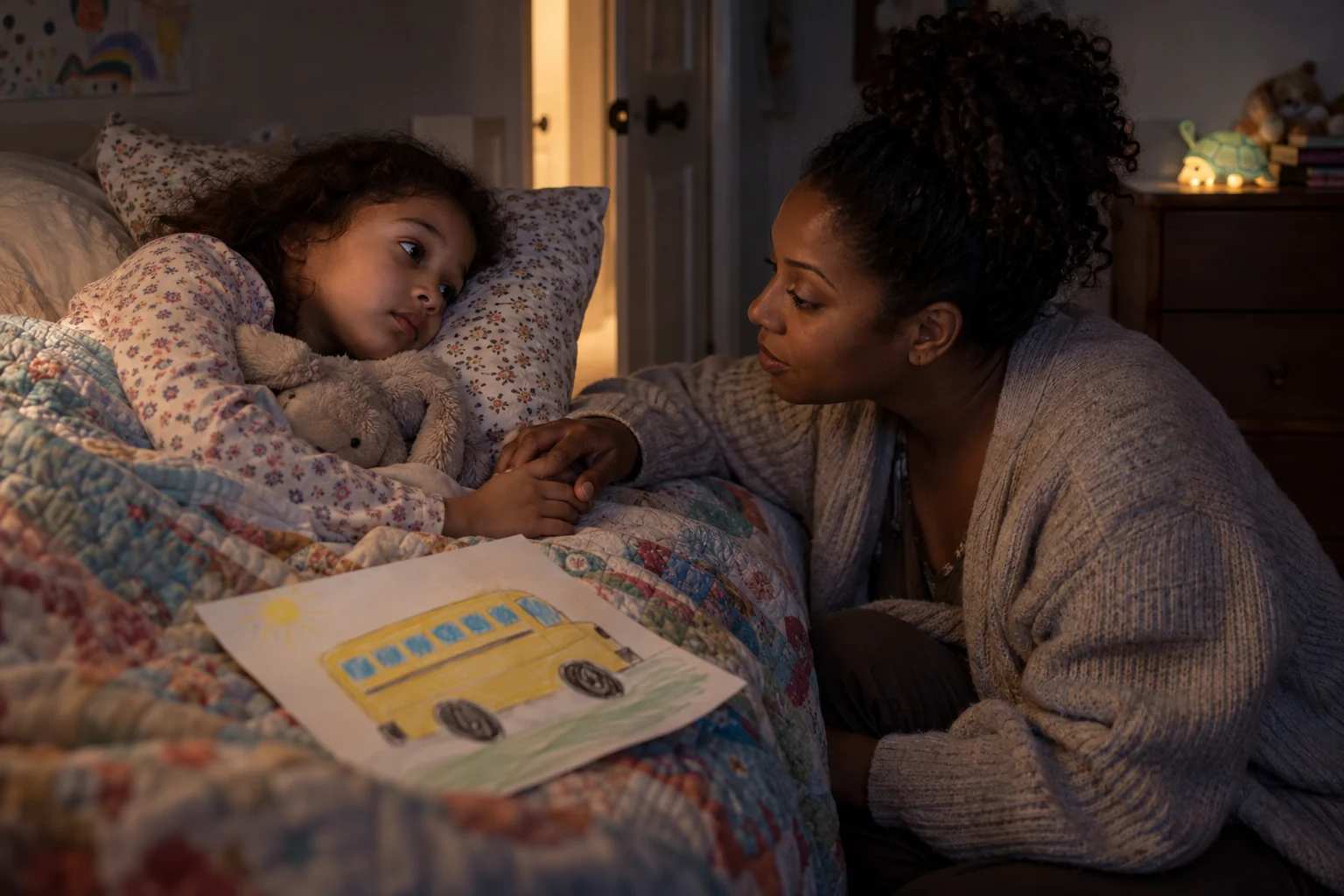 A mother holds her daughter's hand beside the bed, with a drawing of a school bus on the quilt.