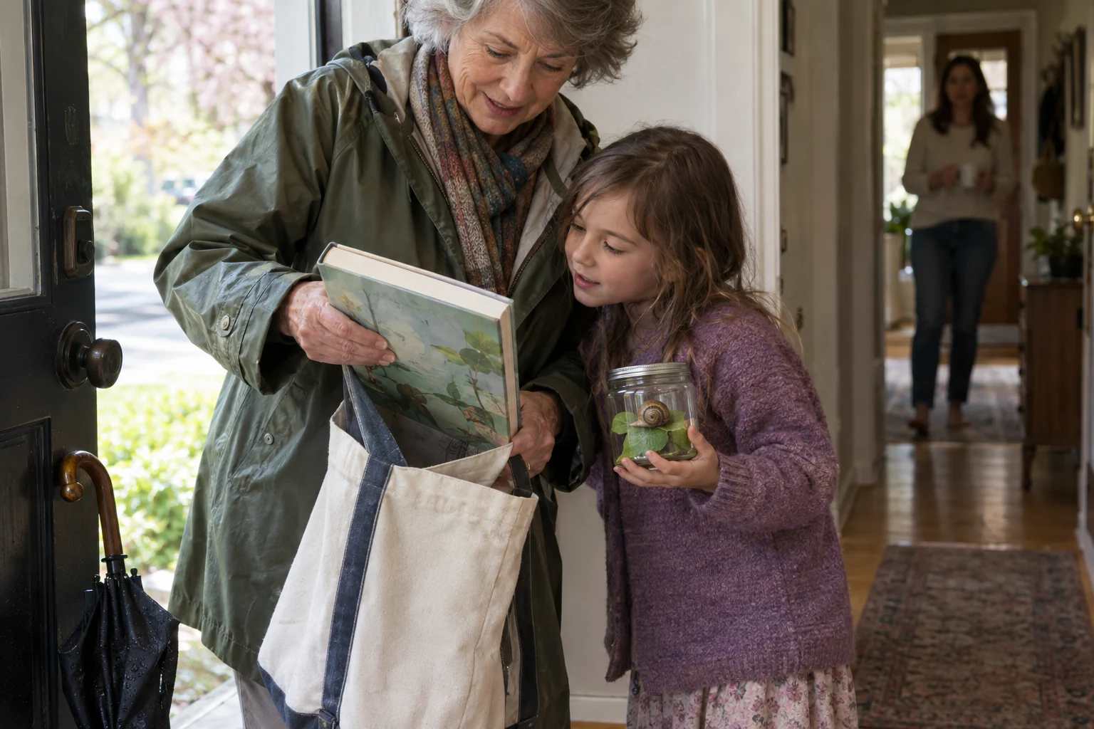 A grandmother pulls a book from a tote while a girl beside her holds a jar containing a snail.