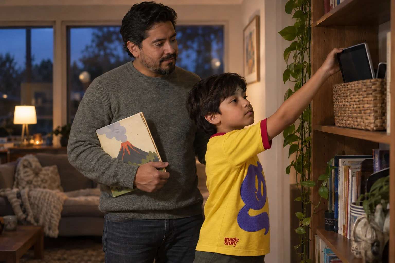 A boy in a yellow shirt puts a tablet into a basket while his father stands nearby holding a book.