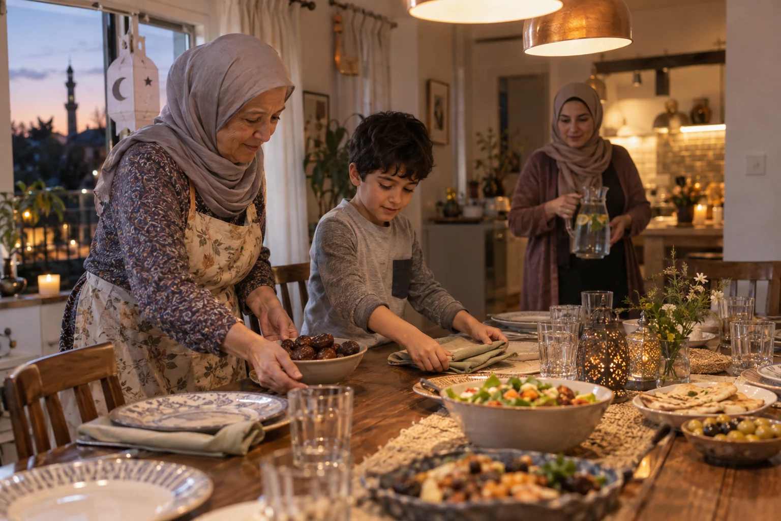 A boy arranges cloth napkins while his grandmother sets down dates and his mother carries water at dusk.