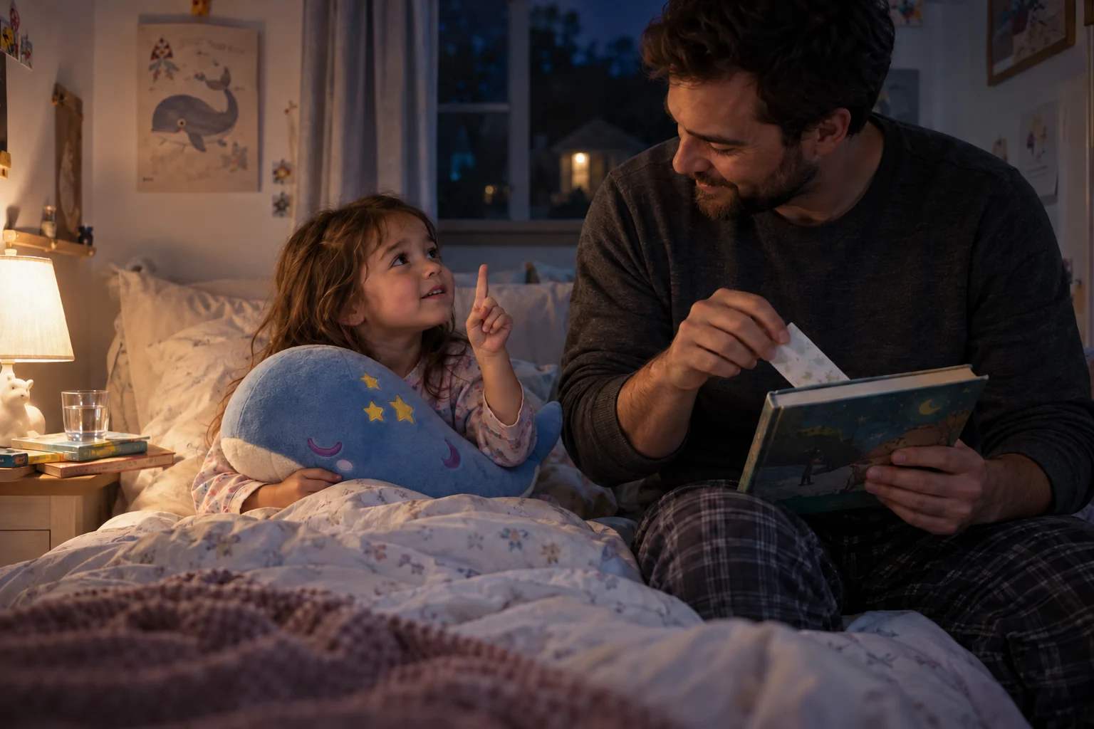 A girl hugs a blue whale plush and raises a finger while her father holds a book beside her bed.