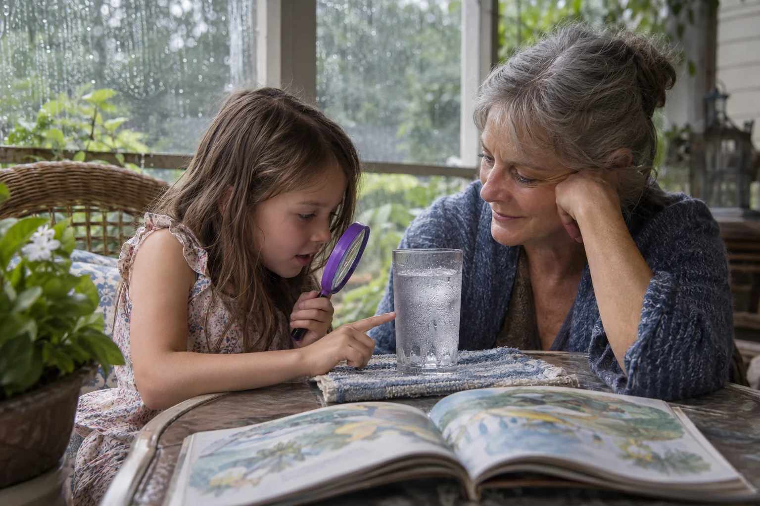 A girl looks at droplets on a glass of water through a magnifier while her grandmother watches.