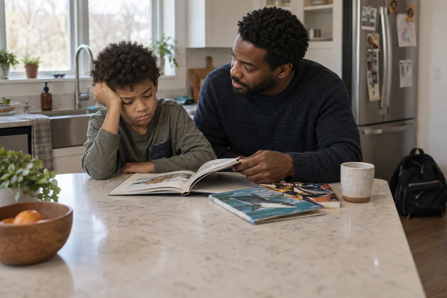 A frustrated boy rests his head on his hand while his father holds a book beside him, with two other books on the counter.