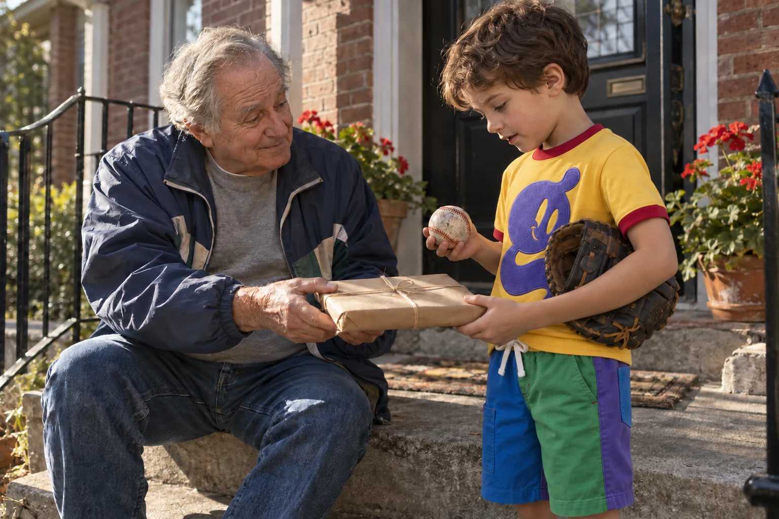A grandfather offers a wrapped present to a boy in a yellow shirt and colorful shorts who holds a baseball and glove.