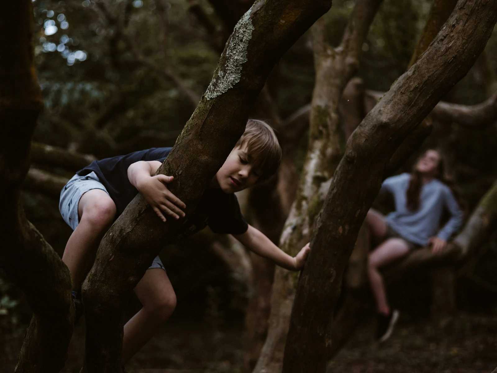 A child outdoors near a tree